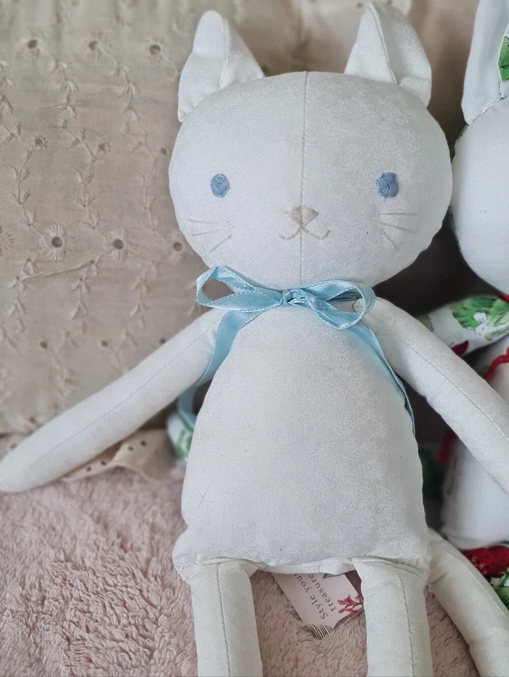 Handmade Cat Ragdolls, White with Floral Accents & Strawberry Print